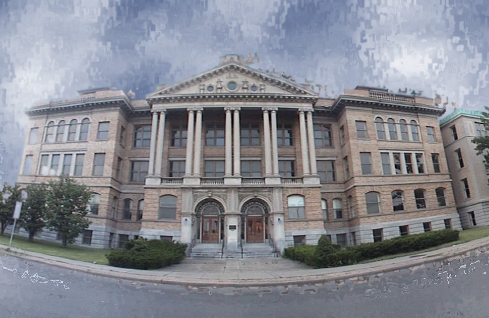 The century-old civic building where the story is set — a grand neoclassical facade with columns, shot as a 360-degree panorama.