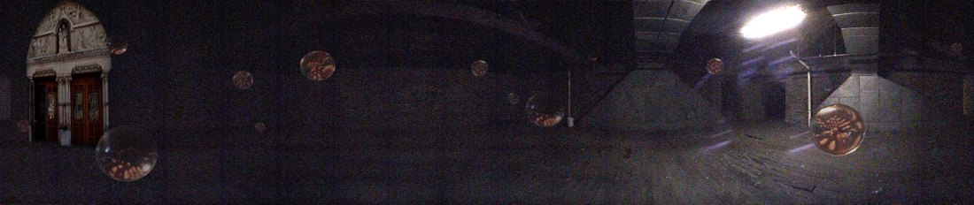 A single 360-degree panorama strip of the hall, goldfish suspended in the air.