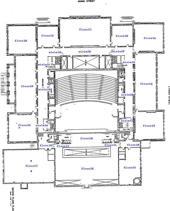 Third floor plan of the building, with an auditorium of curved rows.