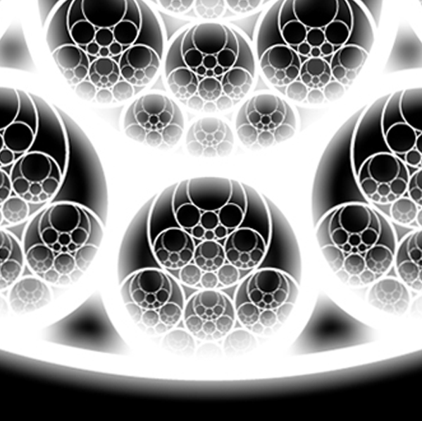 Fractal en blanco y negro de círculos anidados unos dentro de otros, convergiendo hacia un punto.