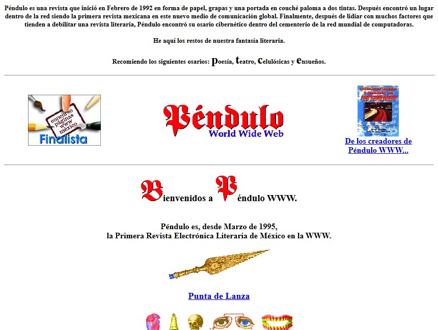 La pantalla de bienvenida de Péndulo World Wide Web: un logotipo gótico rojo de Péndulo, un grabado de una lanza titulado Punta de Lanza, una fila de pequeños íconos y los enlaces de secciones.