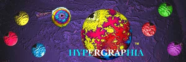 El banner de marca HYPERGRAPHIA: esferas fractales enjoyadas flotando sobre un fondo púrpura, con la palabra HYPERGRAPHIA debajo.