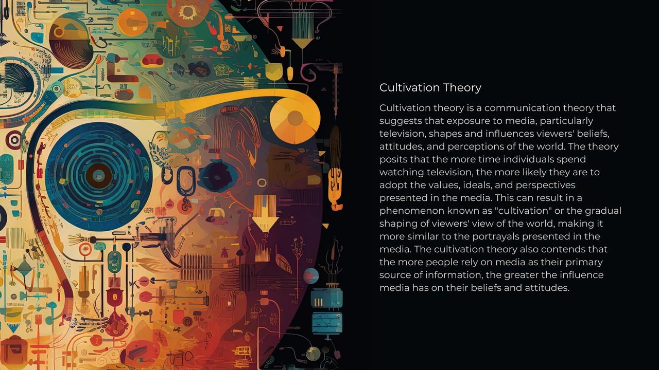 The first slide of the Cultivation Theory entry: a dense, colorful illustration of a head made of media apparatus on the left; on the right, on black, the theory's title and its hundred-word summary.