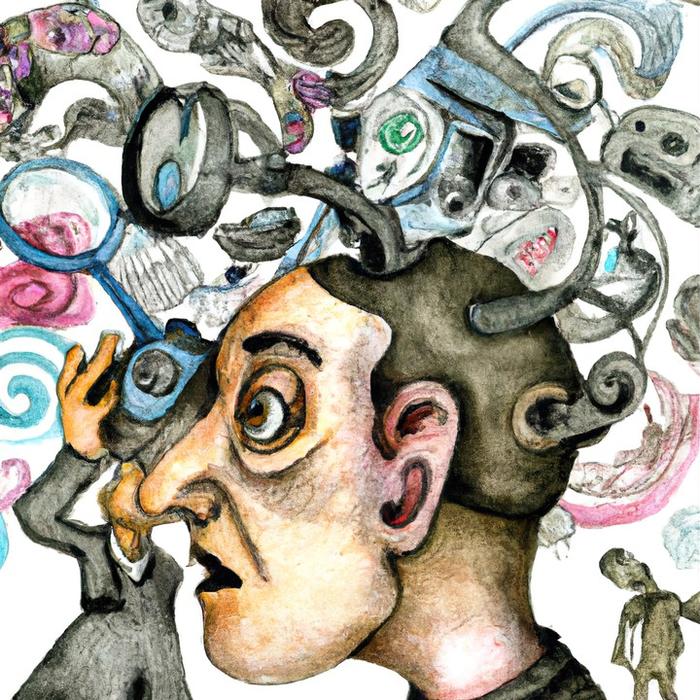 A staring head wired into a swarm of media apparatus — lenses, screens, speakers — pressing into its skull.