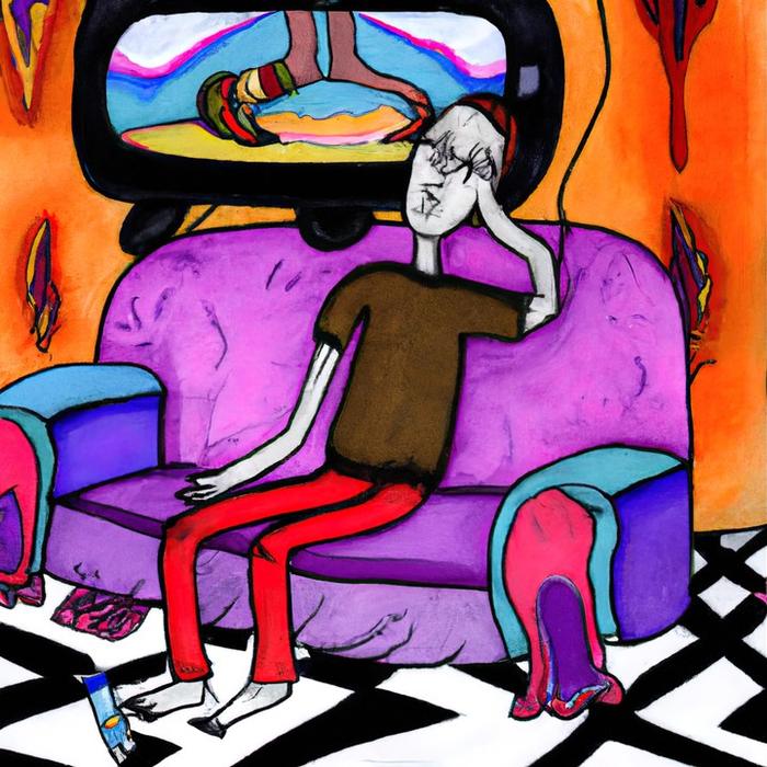 Watercolor-style illustration: a figure slumped on a purple couch before a huge television, the screen's world brighter than the room.