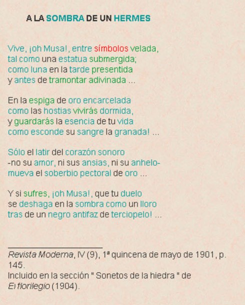 Otro poema de la edición, «A la sombra de un Hermes», con sus palabras en verde y turquesa y la palabra «símbolos» en rojo.