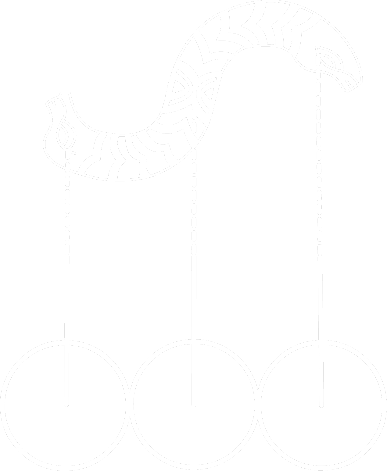 Andean line drawing: a serpent above three threads descending to three circles — the three worlds.