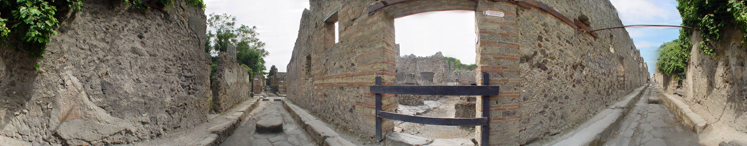 A 360° panorama of a Pompeii street: a paved road with stepping stones between stone shopfronts and a masonry counter, ivy overhanging the walls.